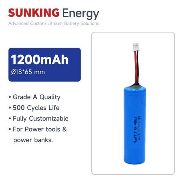 3.7V 1200mAh 4.44Wh Cylindrical Pack 18650