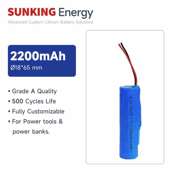 3.7V 2200mAh 8.14Wh Cylindrical Pack 18650