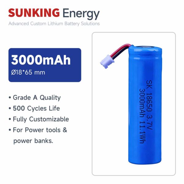 3.7V 3000mAh 11.1Wh Cylindrical Pack 18650